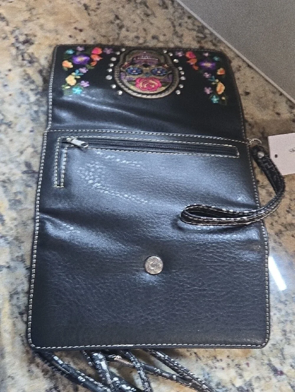Black Embroidered Sugar Skull Crossbody Bag